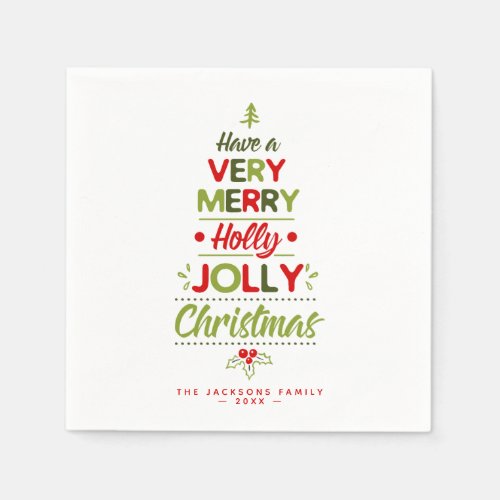Very Merry Holly Jolly Christmas Tree Custom Name  Napkins