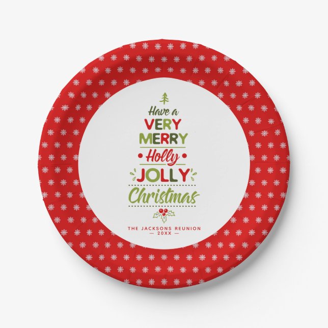 Very Merry Holly Jolly Christmas Tree Custom Text Paper Plates (Front)