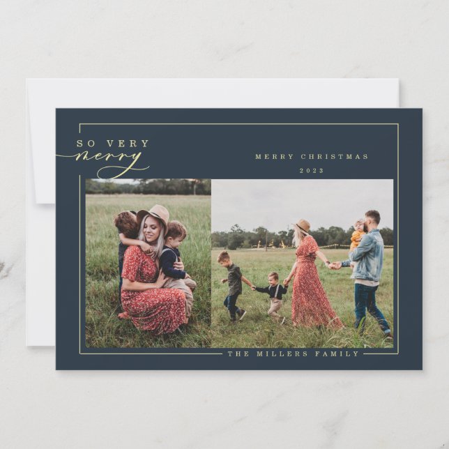 Very Merry modern Gold calligraphy Christmas Photo Holiday Card (Front)