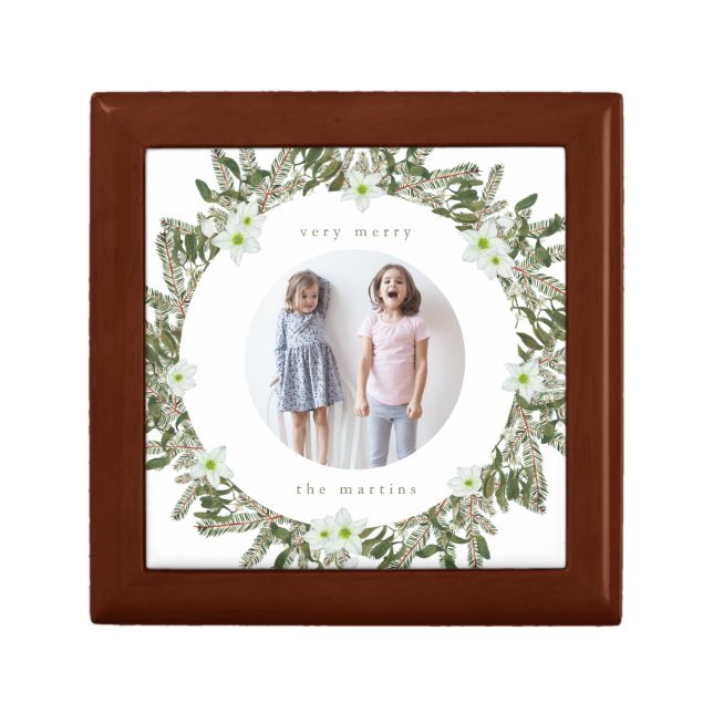 Very Merry Pine and Floral Photo Wreath Christmas Gift Box (Front)