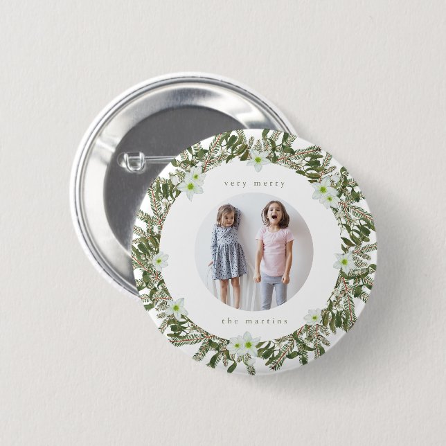 Very Merry Pine and Floral Winter Wreath Christmas Button (Front & Back)