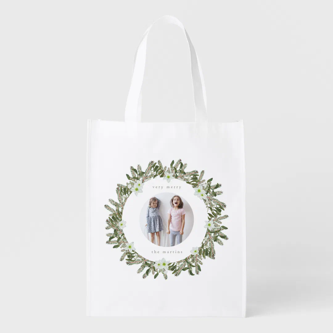 Very Merry Pine and Floral Winter Wreath Christmas Grocery Bag (Front)