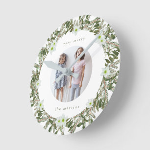 Very Merry Pine and Floral Winter Wreath Christmas Round Clock