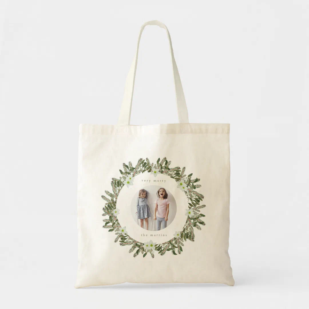Very Merry Pine and Floral Winter Wreath Christmas Tote Bag (Front)