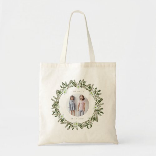 Very Merry Pine and Floral Winter Wreath Christmas Tote Bag