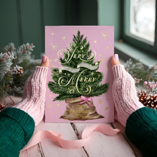 Very Merry Retro Vintage Pink Christmas Tree Bow Foil Holiday Card
