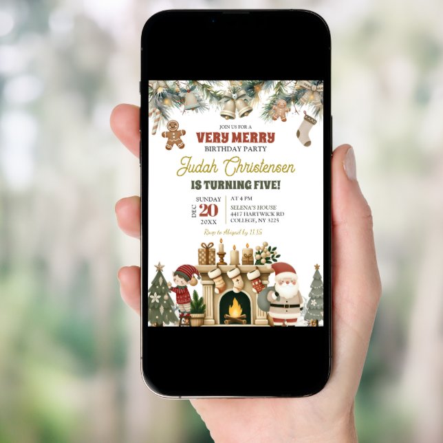 Very Merry Santa and Elf Christmas Birthday Party Invitation (Front Digital)
