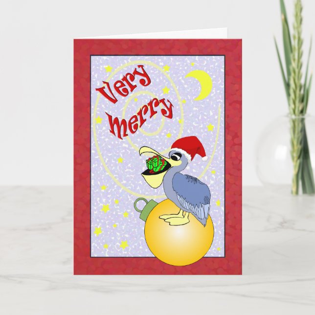 Very Merry Santa Pelican Christmas Holiday Card (Front)