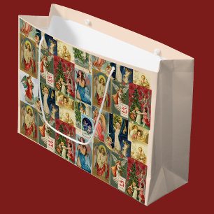 Very Old Christmas Cards Featuring Angels Collage Large Gift Bag