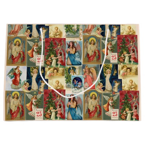 Very Old Christmas Cards Featuring Angels Collage Large Gift Bag