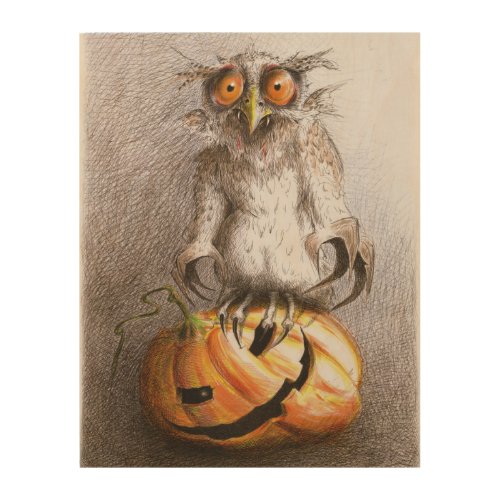 Very Old Halloween Vampire Owl sitting on Pumpkin Wood Wall Art