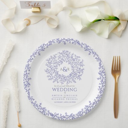 Very peri blue circle leaf art monogram wedding paper plates