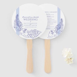 Very peri blue tropical botanica line art wedding  hand fan