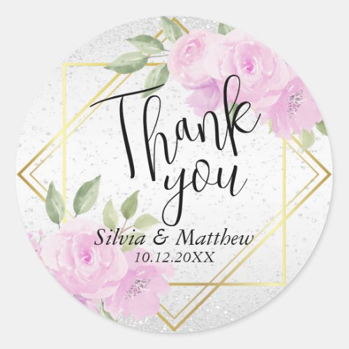 Very Pink Watercolor Floral and White Glitter Classic Round Sticker