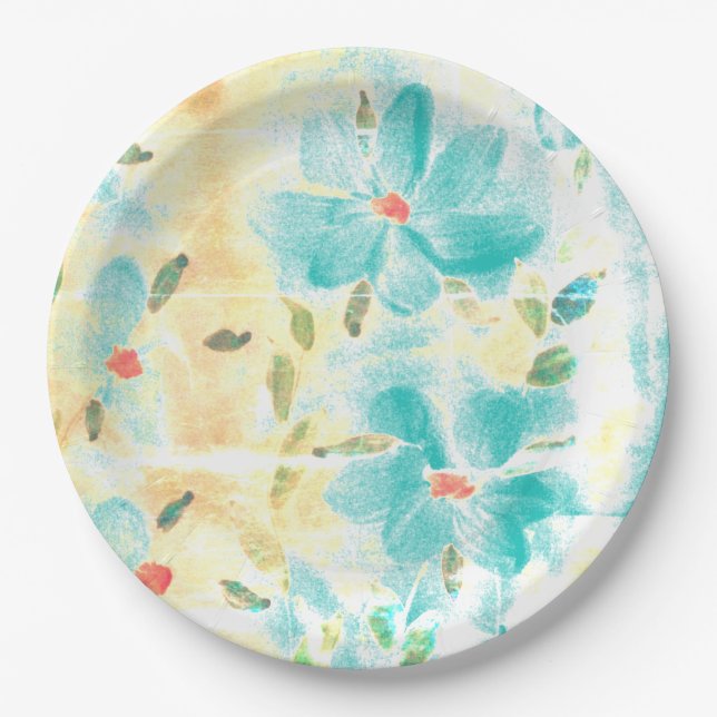 Very Pretty Turquoise Flowered Wedding Day Paper Plates (Front)