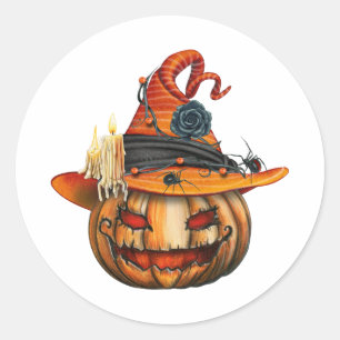 Very Scary Carved Halloween Pumpkin and Spiders Classic Round Sticker