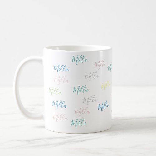 very simple  pale pattern of handwritten names coffee mug