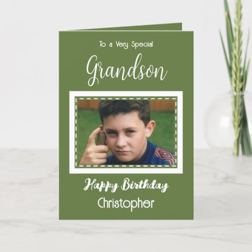 Very special Grandson photo green birthday Card