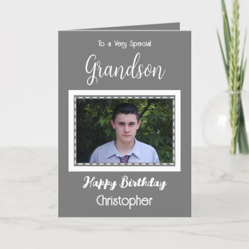 Very special Grandson photo grey birthday Card