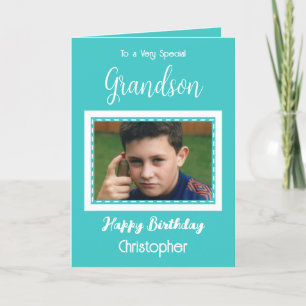 Very special Grandson photo turquoise birthday Card