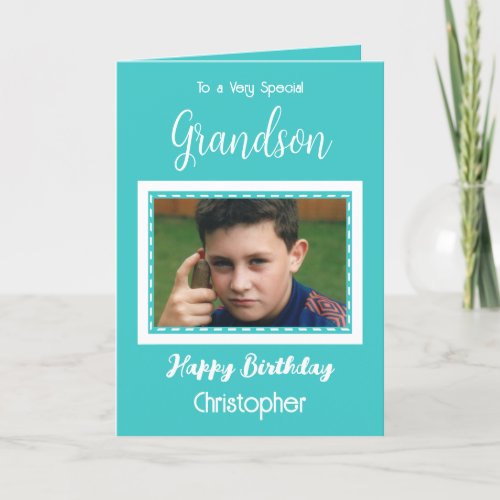 Very special Grandson photo turquoise birthday Card