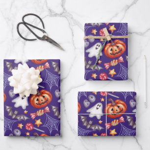 Very Spooky Halloween Collage Purple Wrapping Paper Sheets