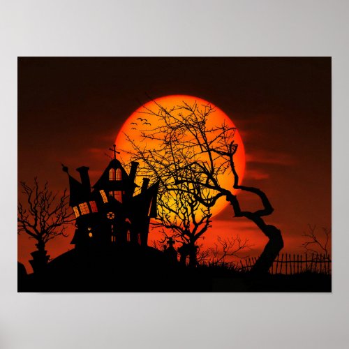 Very Spooky Halloween Scene with Giant Moon Poster