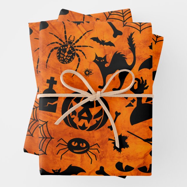 Very Spooky Halloween Witch, Black Cat, Pumpkin  Wrapping Paper Sheets (In situ)