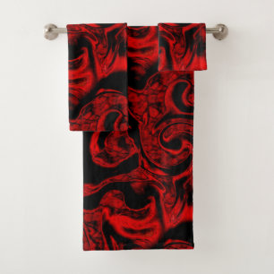 Very stained red spiral parts on black background bath towel set