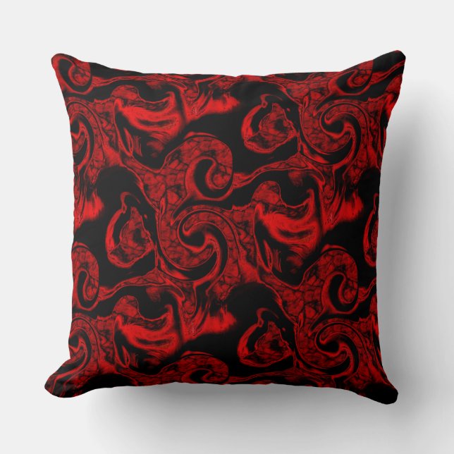 Very stained red spiral parts on black background throw pillow (Front)