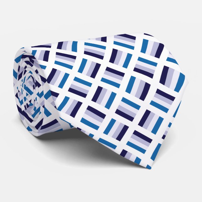 Very Unique Square Pattern - Blue Navy Blue White Neck Tie (Rolled)
