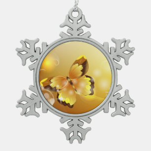 Very Yellow, Butterfly and Bubbles Snowflake Pewter Christmas Ornament