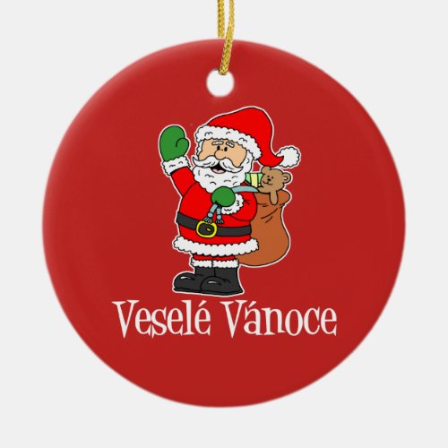 Vesele Vanoce Czech Christmas Santa RED Ceramic Ornament