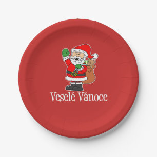 Vesele Vanoce Czech Christmas Santa (RED) Paper Plates