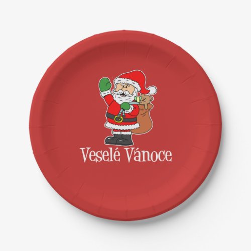 Vesele Vanoce Czech Christmas Santa RED Paper Plates