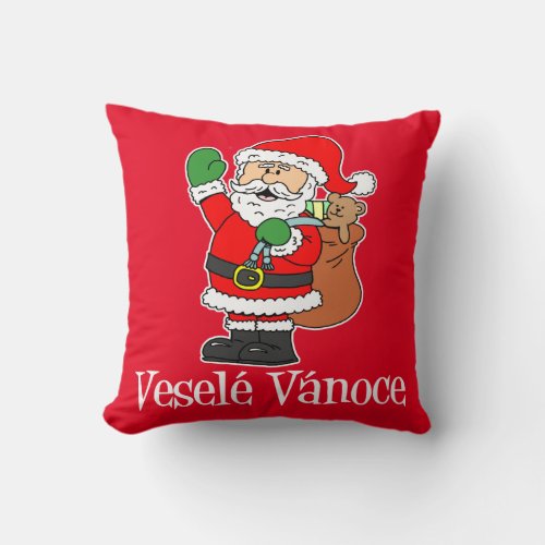 Vesele Vanoce Czech Christmas Santa RED Throw Pillow