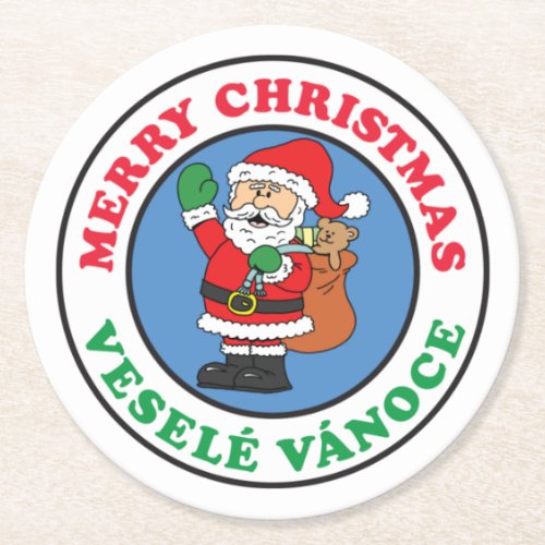 Vesele Vanoce Czech Christmas Santa Round Paper Coaster