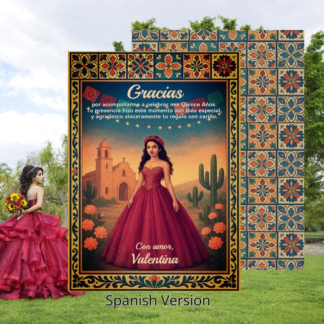 Vestido rojo vintage de quinceañera Gracias Thank You Card (Vestido rojo vintage de quinceañera Gracias Thank You Card)