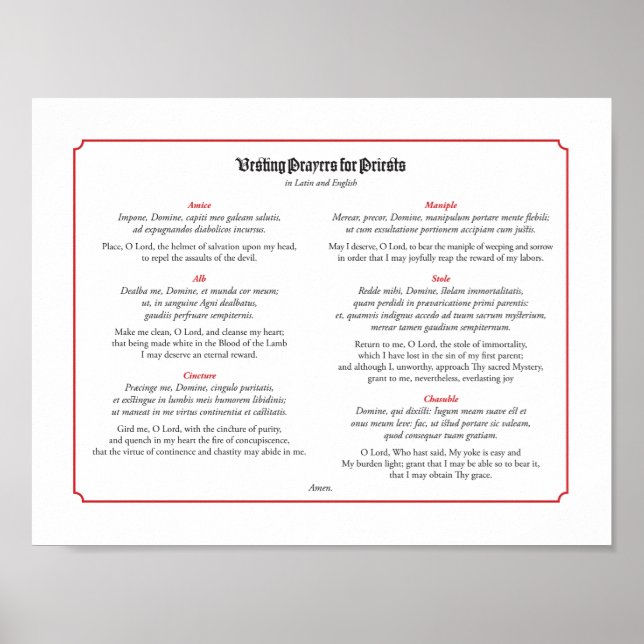 Vesting Prayers for Priests in Latin and English Poster (Front)