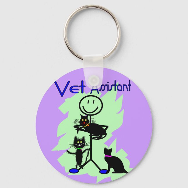 Vet Assistant Stick Person With Black Cats Keychain (Front)