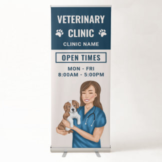 Vet Holding A Puppy Veterinary Clinic Open Times Retractable Banner