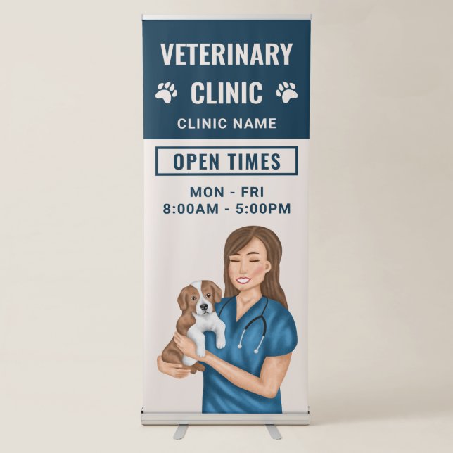 Vet Holding A Puppy Veterinary Clinic Open Times Retractable Banner (Front)