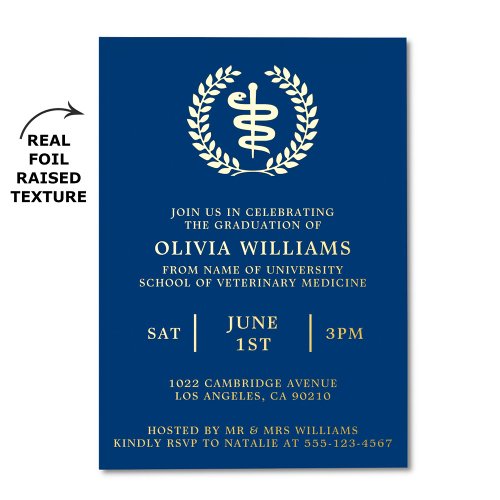 Vet School Navy And Gold Graduation Party  Foil Invitation