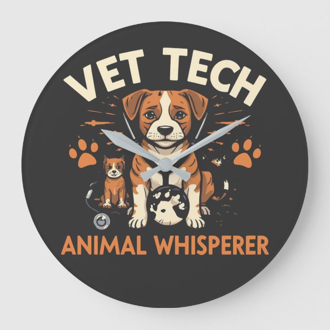 Vet Tech Animal Whisperer Cute Puppy Stethoscope Large Clock (Front)