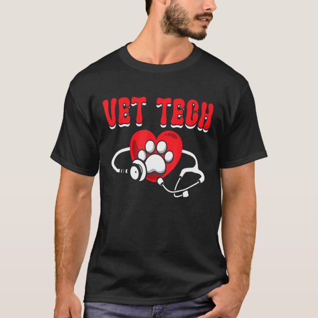 Vet Tech Love Animals Love And Care Paw Print Stet T-Shirt (Front)