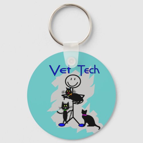 Vet Tech Stick Person With Black Cats Keychain