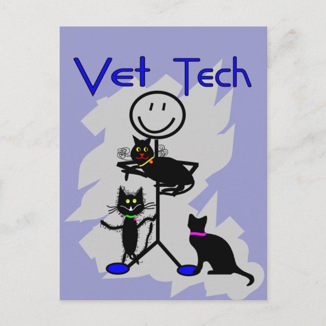 Vet Tech Stick Person With Black Cats Postcard (Front)
