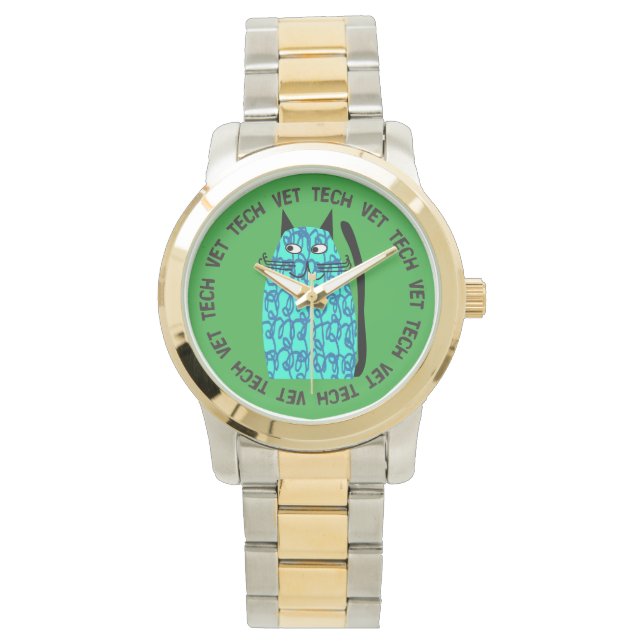 Vet Tech Watch whimsical cat Design Blue (Front)