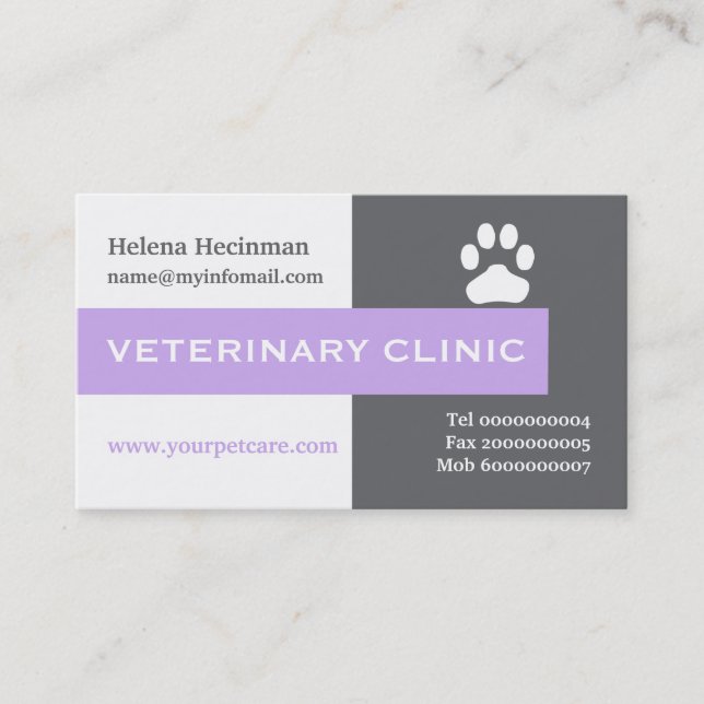 Vet/Veterinary Clinic, paw lavender eye-catching Business Card (Front)