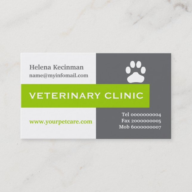 Vet/Veterinary Clinic, paw lime green eye-catching Business Card (Front)